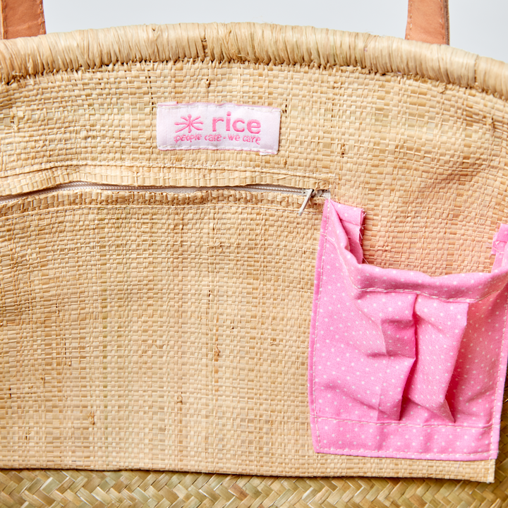 Rice - Mittelgroße Raffia Tasche in Pink - Gepunktet