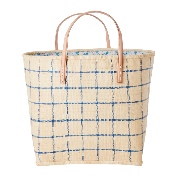 Rice - Große Raffia Tasche im Blue Checkers Design