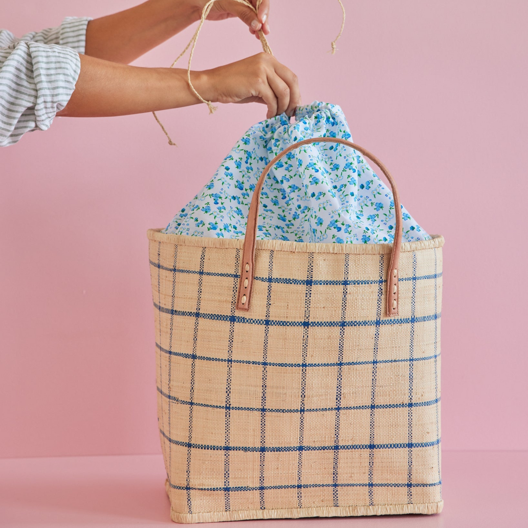 Rice - Große Raffia Tasche im Blue Checkers Design