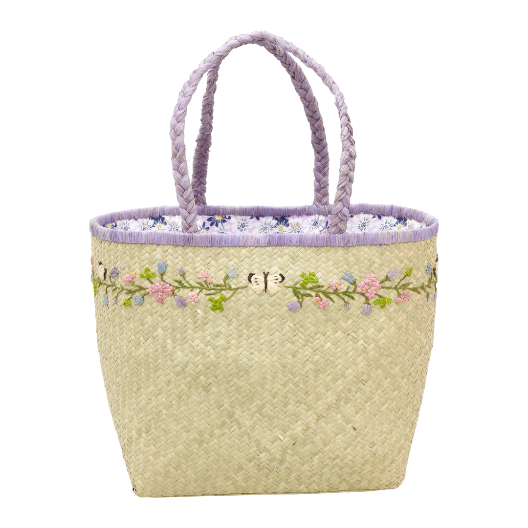 Rice - Große Raffia Tasche im Blumen & Schmetterlings Design