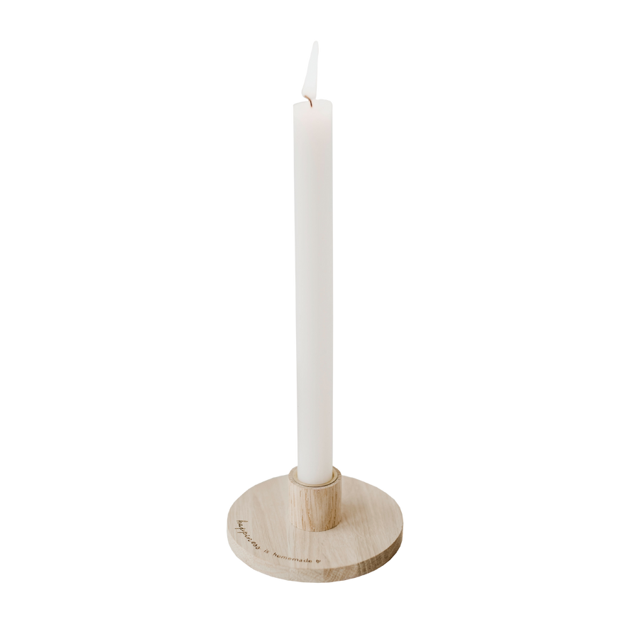 Kerzenständer aus Holz mit dem Aufdruck 'Happiness' von Eulenschnit